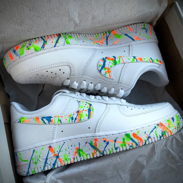 Air Force 1 Custom Low Green Blue Orange Splatter Swoosh White