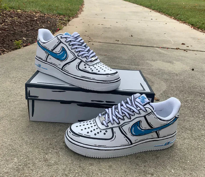 Air Force 1 Custom Shoes Low Cartoon Blue Black White Outline All Size