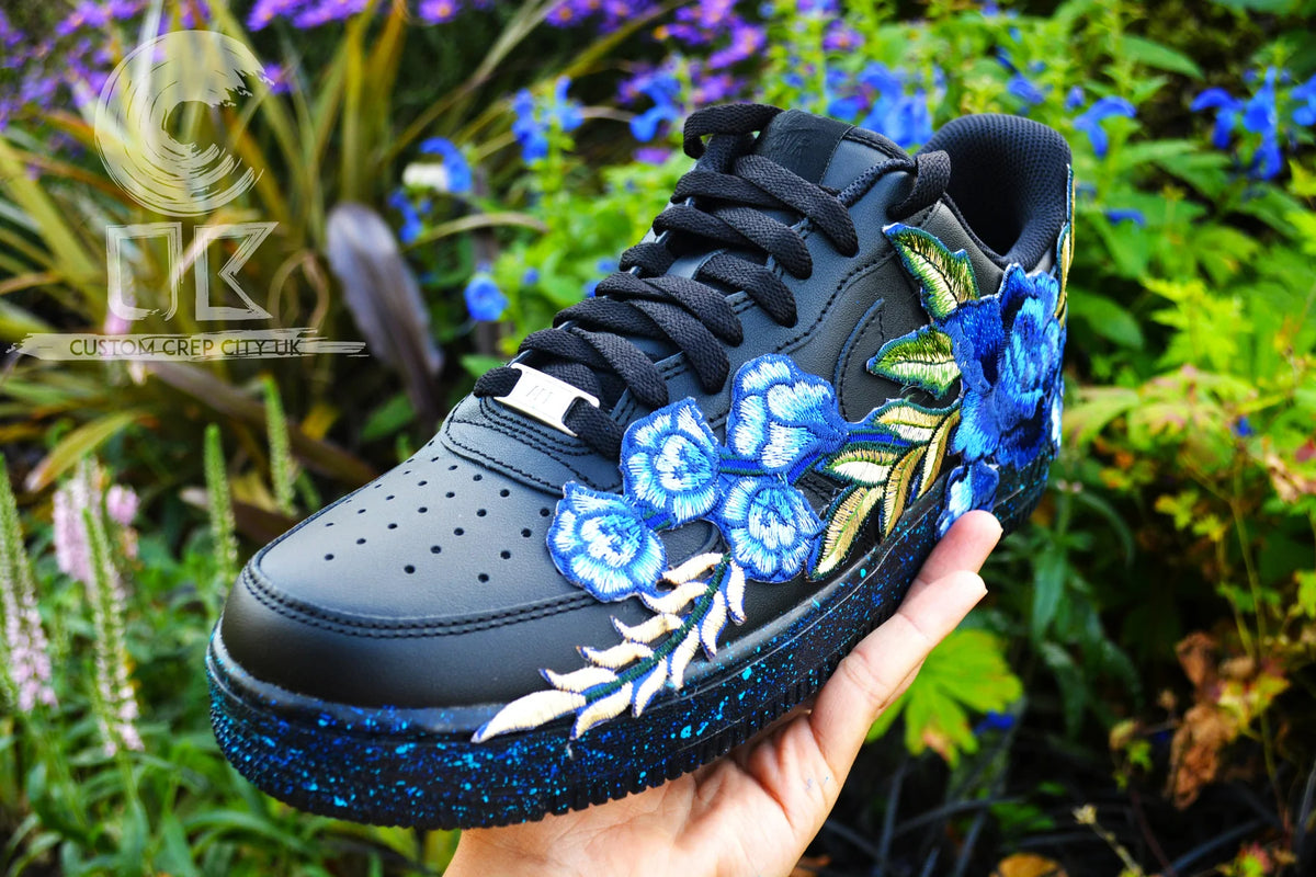 Air Force 1 Custom Teal Rose Low Blue Flower Floral Black Splatter S Rose Customs Air Force 1 Custom Shoes Sneakers Design Your Own AF1