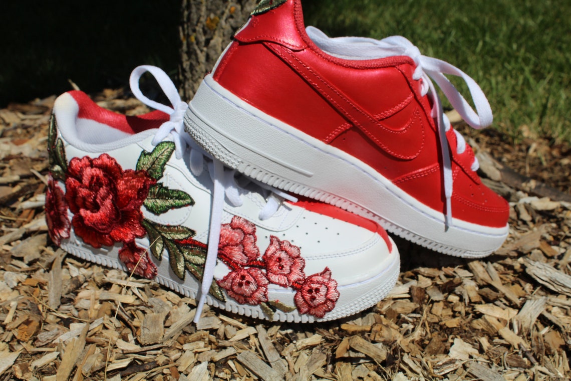 Air Force 1 Custom Half Rose Red Flower Floral Painted Shoes All Sizes Rose Customs Air Force 1 Custom Shoes Sneakers Design Your Own AF1