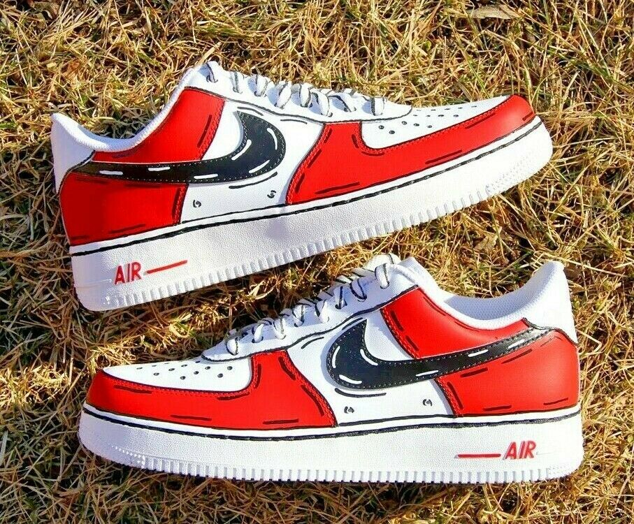 Air Force 1 Custom Low Cartoon Chicago Red Shoes White Black Outline Mens 6Y Kids (7.5 Women's)