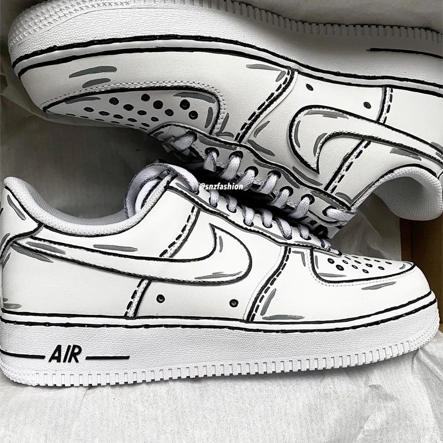 Air Force 1 Custom Shoes Black Cartoon White Outline Mens Womens Kids Sizes Af1 Sneakers 13 Mens (14.5 Women's)