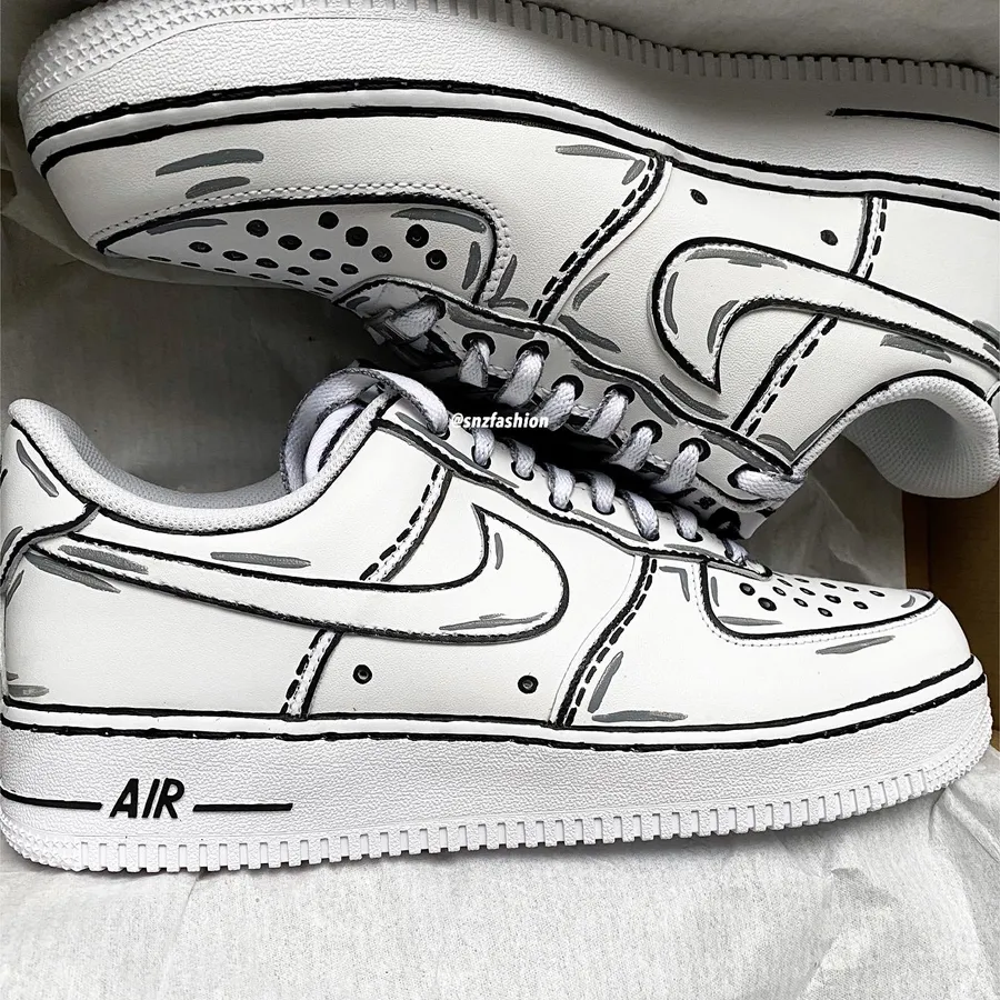 Air Force 1 Custom Low Cartoon Shoes White Black Gray Outline Mens