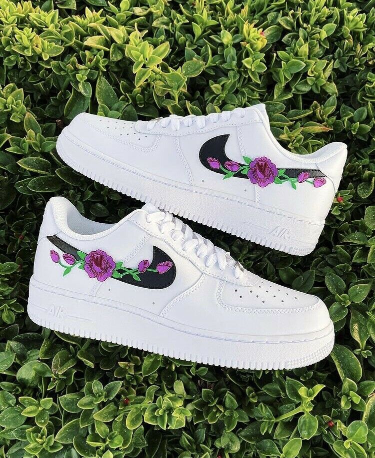 Air Force 1 Custom Low Purple Rose Floral White Black Shoes Women