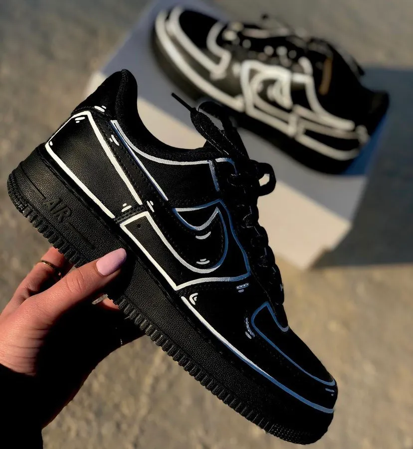 Air Force 1 Custom Shoes Black Cartoon White Outline Mens Womens Kids Sizes Af1 Sneakers 13 Mens (14.5 Women's)
