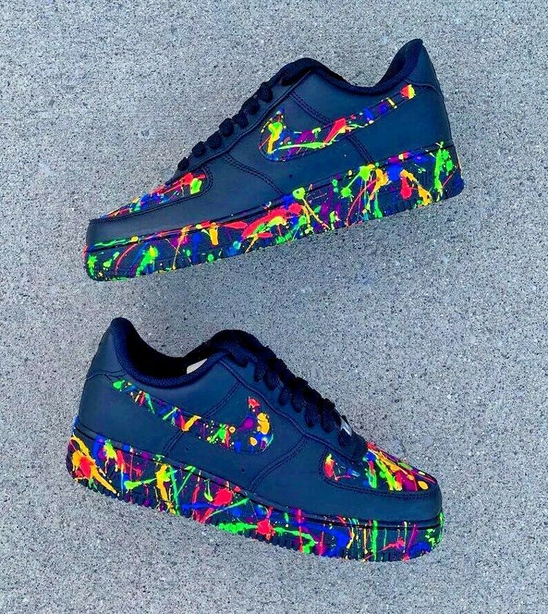 Air Force 1 Custom Shoes Black Neon Splatter Green Blue Pink Red