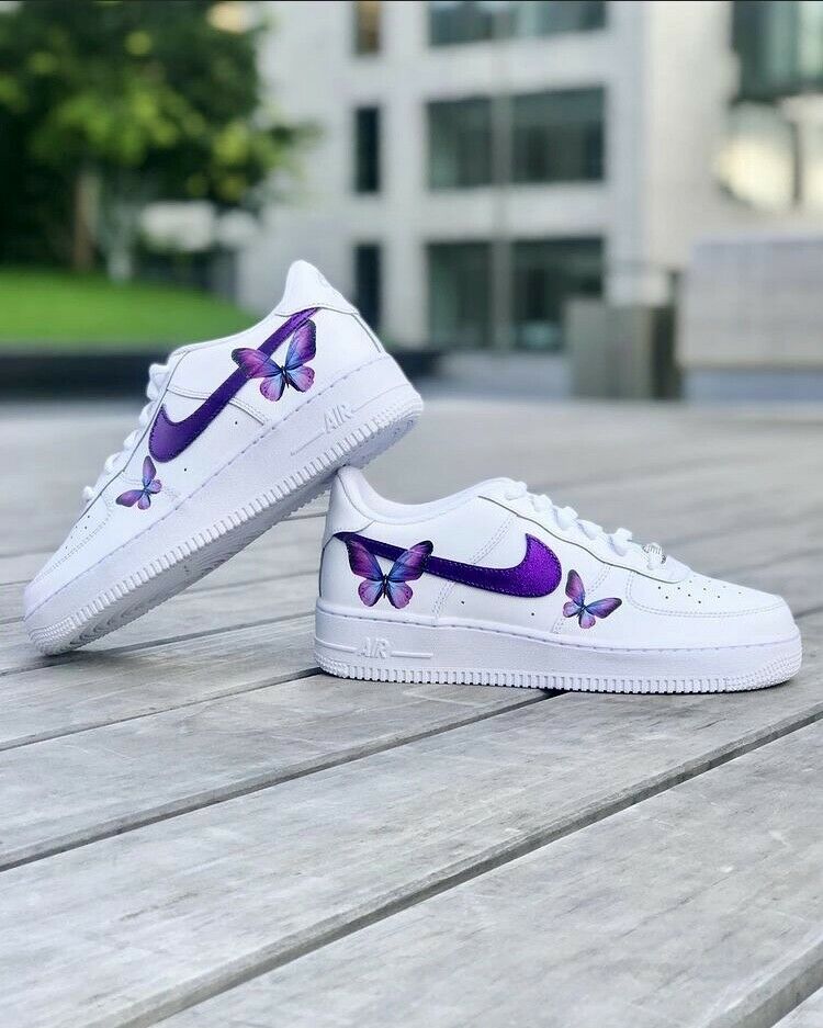 Nike Air Force 1 Custom Low Purple Lilac Blue Butterfly White Shoes Women  Kids
