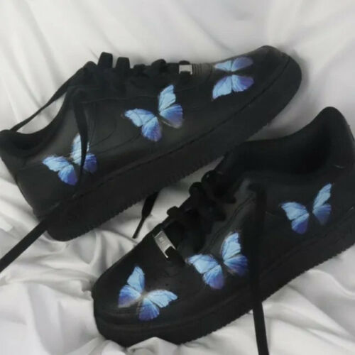 Air Force 1 07 Low Blue Large Butterfly Black Custom Shoes All Sizes AF1 Sneakers