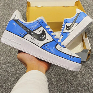 Air Force 1 Custom Low Cartoon Light Blue White Black Shoes Outline All Sizes AF1 Sneakers