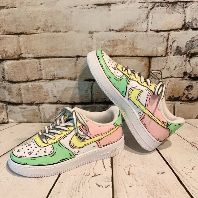 Air Force 1 Custom Low Cartoon Pastel Green Yellow Pink Shoes Outline All Sizes AF1 Sneakers