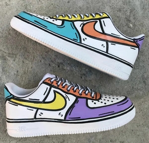 Air Force 1 Custom Low Cartoon Pastel Purple Teal Orange Swoosh Outlined Laces All Sizes AF1 Sneakers