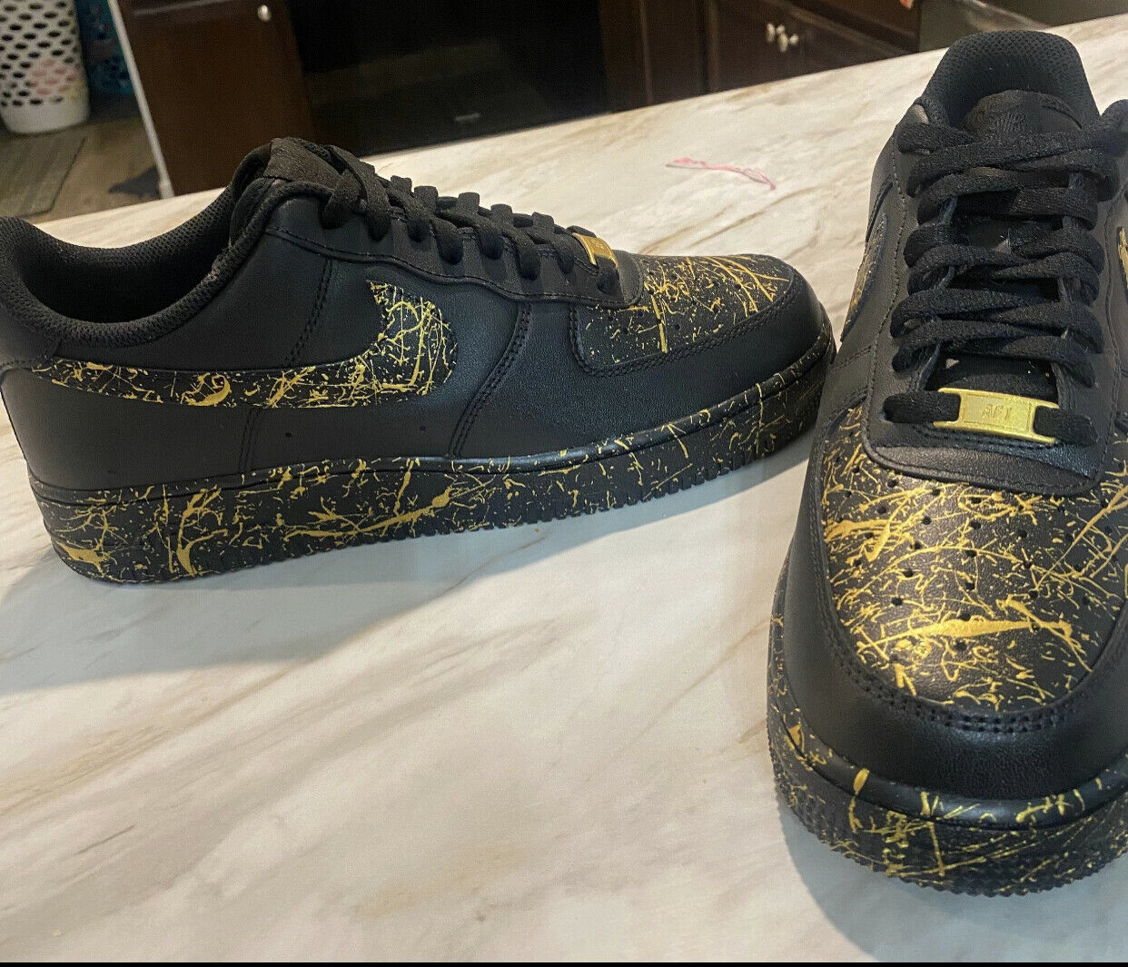 Air Force 1 Custom Low Gold Splatter Swoosh Black Shoes Men Women