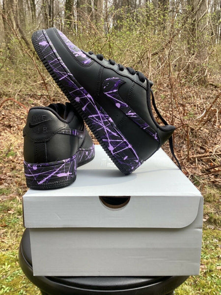 Air Force 1 Custom Low Lilac Violet Splatter Swoosh Black Shoes Men Women Kids All Sizes AF1 Sneakers 4