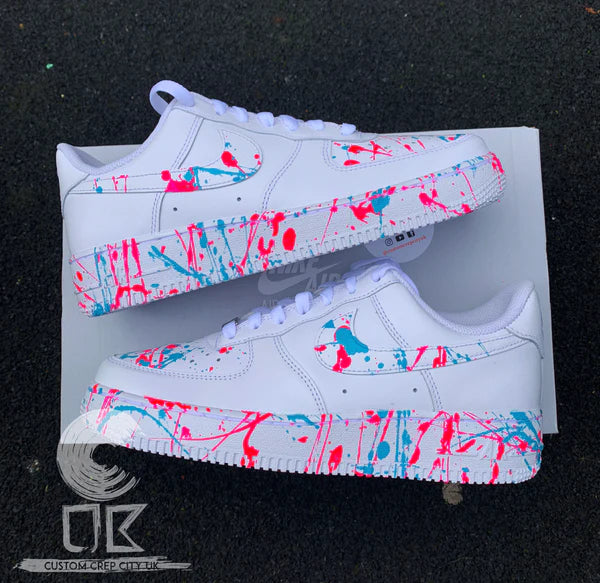 Air Force 1 Custom Low Pink Blue Neon Splatter Swoosh White Shoes Gender Reveal Men Women Kids AF1 Sneakers