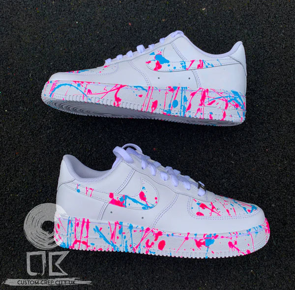 Air Force 1 Custom Low Pink Blue Neon Splatter Swoosh White Shoes Gender Reveal Men Women Kids AF1 Sneakers 3