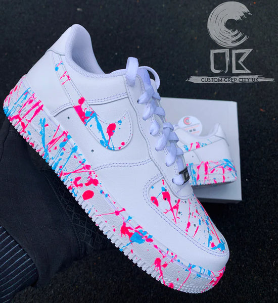 Air Force 1 Custom Low Pink Blue Neon Splatter Swoosh White Shoes Gender Reveal Men Women Kids AF1 Sneakers 4