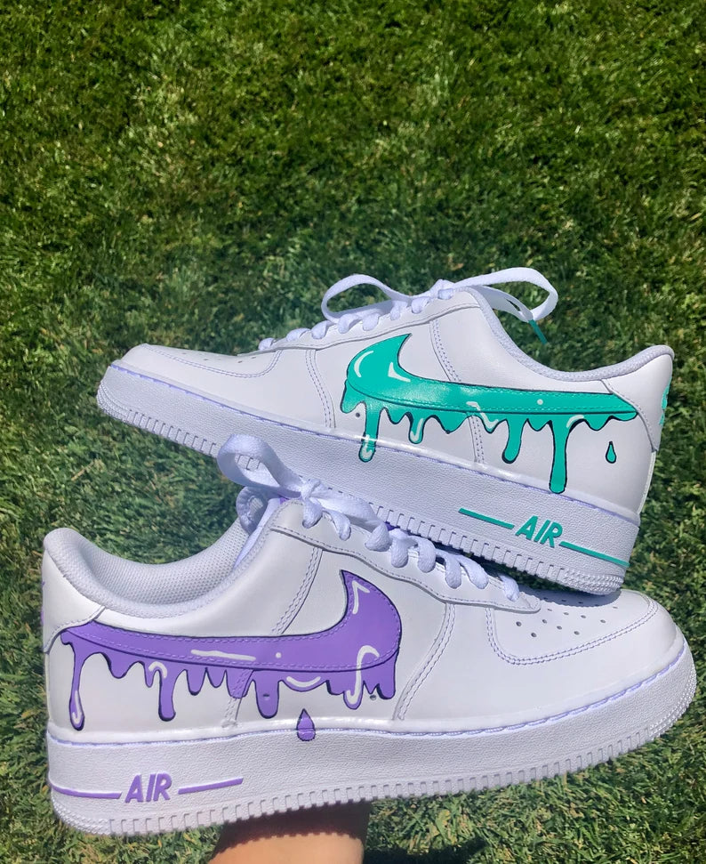 Air Force 1 Custom Low Purple & Turquoise Drip White Shoes Men Women Kids All Sizes AF1 Sneakers