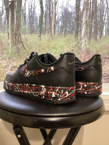 Air Force 1 Custom Low Red White Splatter Swoosh Black Shoes Men Women Kids All Sizes AF1 Sneakers