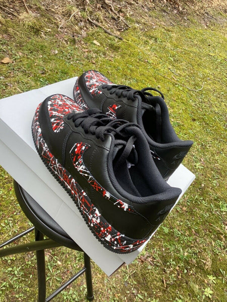Air Force 1 Custom Low Red White Splatter Swoosh Black Shoes Men Women Kids All Sizes AF1 Sneakers 2