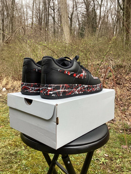 Air Force 1 Custom Low Red White Splatter Swoosh Black Shoes Men Women Kids All Sizes AF1 Sneakers 3
