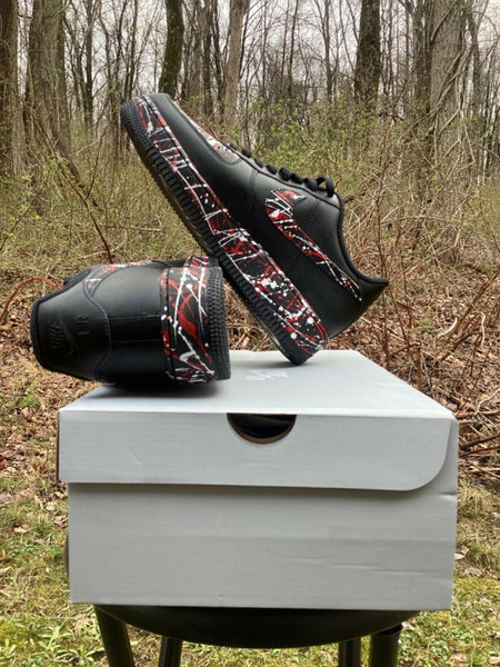 Air Force 1 Custom Low Red White Splatter Swoosh Black Shoes Men Women Kids All Sizes AF1 Sneakers 4