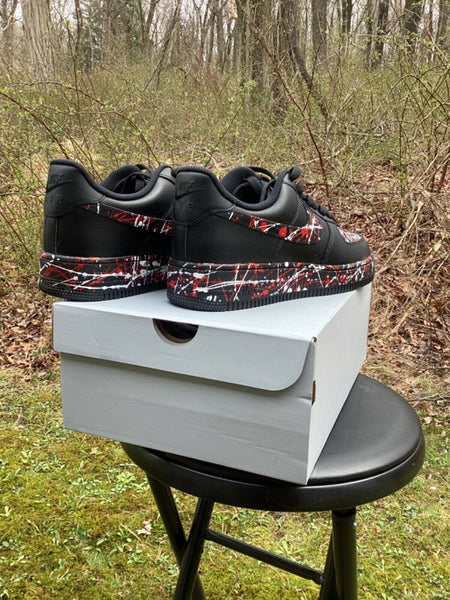 Air Force 1 Custom Low Red White Splatter Swoosh Black Shoes Men Women Kids All Sizes AF1 Sneakers 5