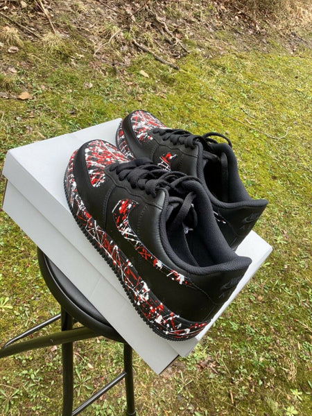 Air Force 1 Custom Low Red White Splatter Swoosh Black Shoes Men Women Kids All Sizes AF1 Sneakers 6