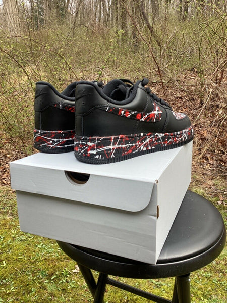 Air Force 1 Custom Low Red White Splatter Swoosh Black Shoes Men Women Kids All Sizes AF1 Sneakers 8