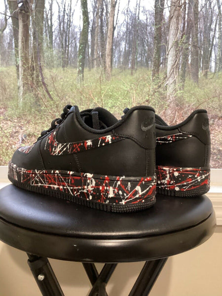 Air Force 1 Custom Low Red White Splatter Swoosh Black Shoes Men Women Kids All Sizes AF1 Sneakers 9