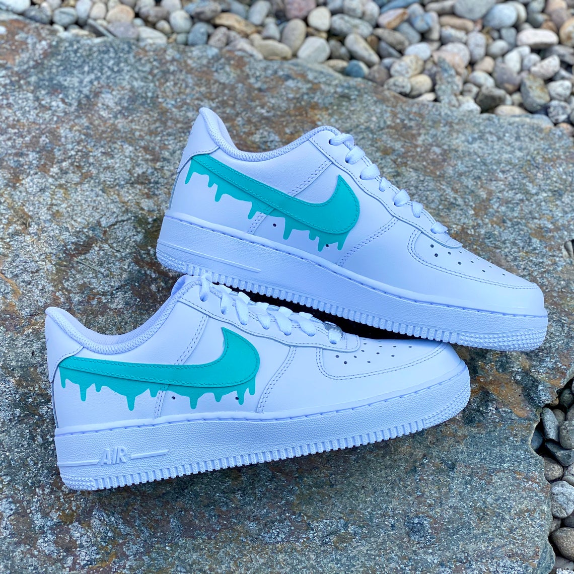 Air Force 1 Custom Low Teal Drip White Shoes Men Women Kids All Sizes AF1 Sneakers