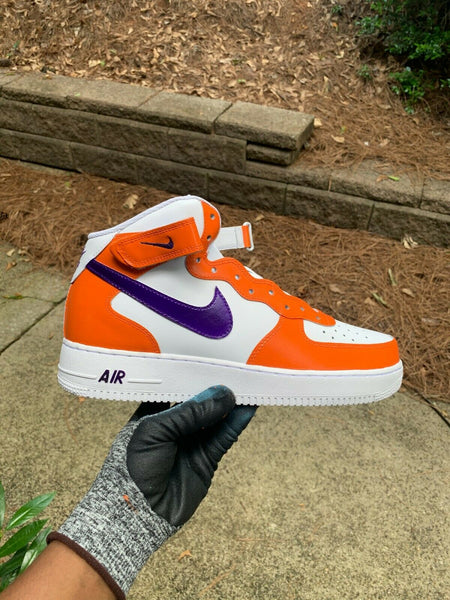 Air Force 1 Custom Mid Clemton Tigers Colors Purple & Orange All Sizes AF1 Sneakers