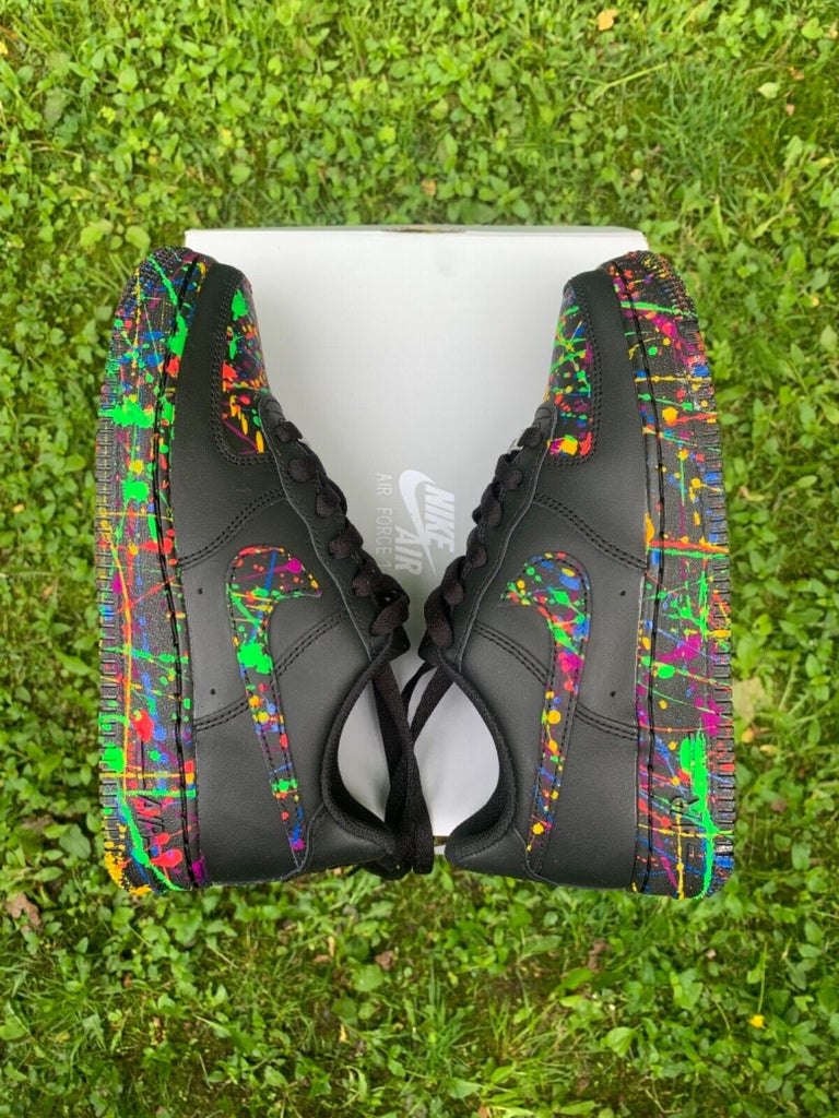 Nike Air Force 1 Custom Shoes Black Neon Splatter Green Blue Pink Red All Sizes Air Force 1 Custom Black Shoes Multi Color Neon Splatter  main image 2