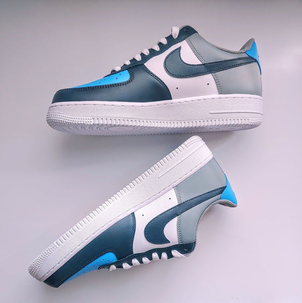 Air Force 1 Custom Shoes Dark Blue Gray Light Blue Tri Color Design Mens Womens Kids Sizes AF1 Sneakers
