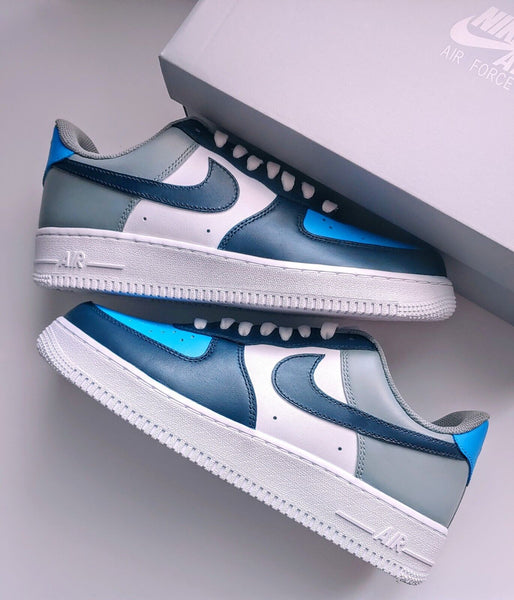Air Force 1 Custom Shoes Dark Blue Gray Light Blue Tri Color Design Mens Womens Kids Sizes AF1 Sneakers
