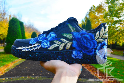 💎 Air Force 1 Custom Teal Rose Low Blue Flower Floral Black Splatter Shoes Mens Womens Kids Sizes AF1 Sneakers