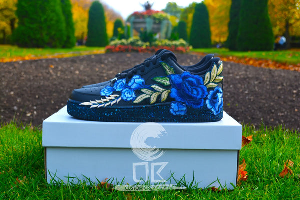 💎 Air Force 1 Custom Teal Rose Low Blue Flower Floral Black Splatter Shoes Mens Womens Kids Sizes AF1 Sneakers 5