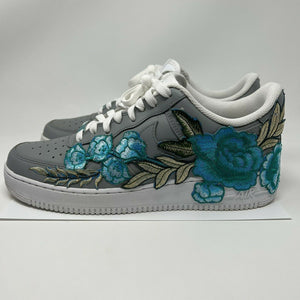 💎 Air Force 1 Custom Teal Rose Low Flower Floral Gray White Shoes Mens Womens Kids Sizes AF1 Sneakers