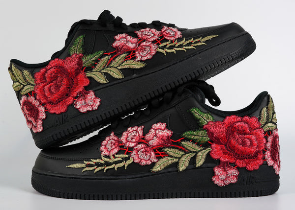 Nike Air Force 1 Custom Black Rose Shoes Low Long Red Flower Floral Design Men Women Kids All Sizes Stacked
