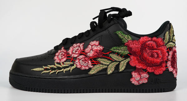 Nike Air Force 1 Custom Black Rose Shoes Low Long Red Flower Floral Design Men Women Kids All Sizes Rear Side