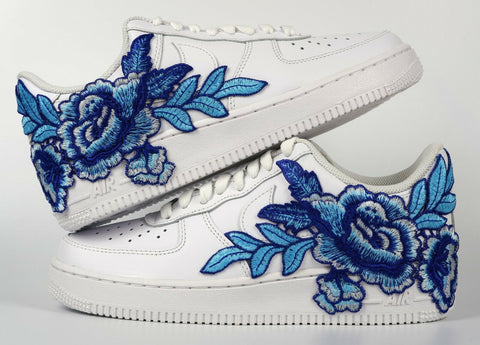 Nike Air Force 1 Custom Low Blue Rose Flower Floral White Shoes Mens Womens & Kids Stacked