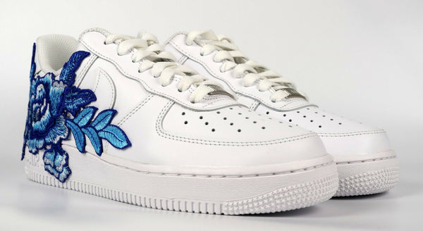 Nike Air Force 1 Custom Low Blue Rose Flower Floral White Shoes Mens Womens & Kids Front