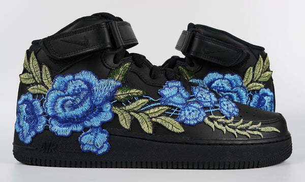 Nike Air Force 1 Custom Mid Blue Rose Shoes Flower Floral Black All Sizes Men Women Kids Front to Back