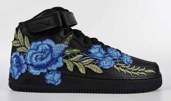 Nike Air Force 1 Custom Mid Blue Rose Shoes Flower Floral Black All Sizes Men Women Kids Side