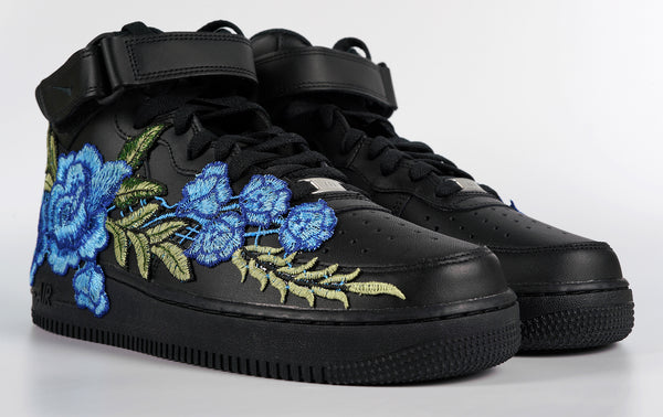 Nike Air Force 1 Custom Mid Blue Rose Shoes Flower Floral Black All Sizes Men Women Kids Front