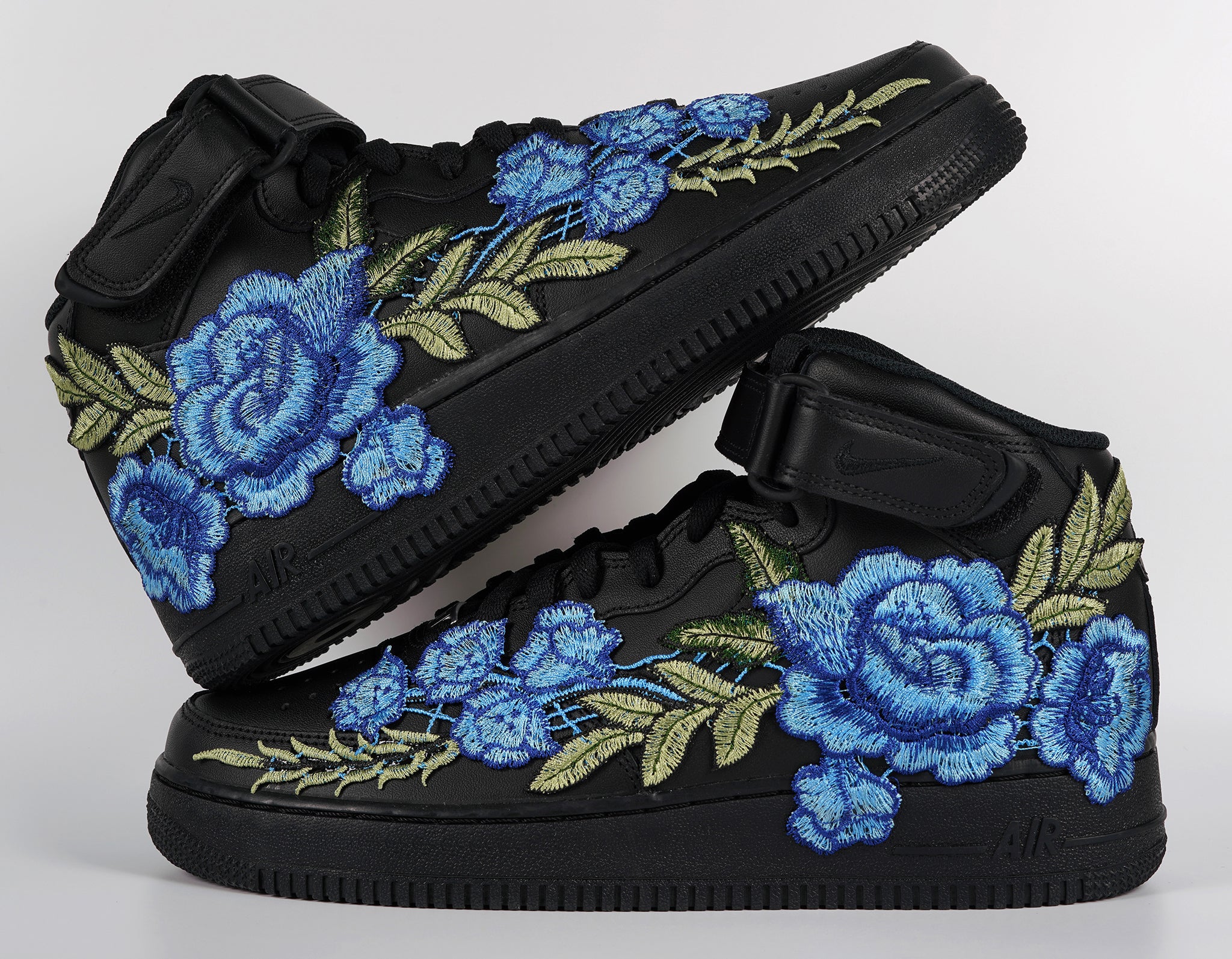 Nike Air Force 1 Custom Mid Blue Rose Shoes Flower Floral Black All Sizes Men Women Kids Stacked
