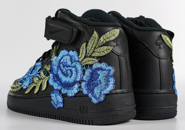 Nike Air Force 1 Custom Mid Blue Rose Shoes Flower Floral Black All Sizes Men Women Kids Rear