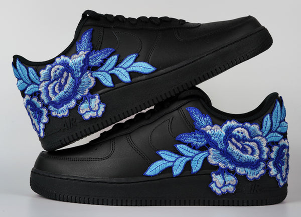 Nike Air Force 1 Custom Shoes Black Rose Blue Flower Floral Low Men Women Kids All Sizes Stacked