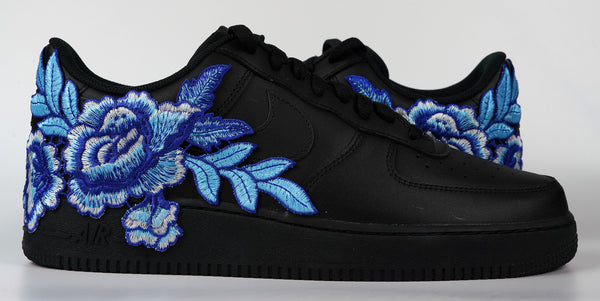 Nike Air Force 1 Custom Shoes Black Rose Blue Flower Floral Low Men Women Kids All Sizes Side to Side
