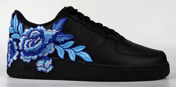 Nike Air Force 1 Custom Shoes Black Rose Blue Flower Floral Low Men Women Kids All Sizes Side