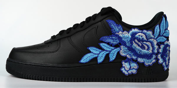 Nike Air Force 1 Custom Shoes Black Rose Blue Flower Floral Low Men Women Kids All Sizes Rear Side